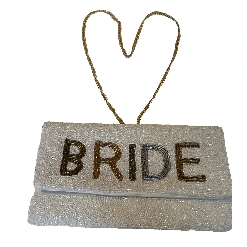 Bride Clutch Embroidered Glass Beaded Gold Tone Chain Strap Classy Elegant